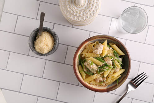 Gluten free penne with halibut, cannellini beans and snap peas