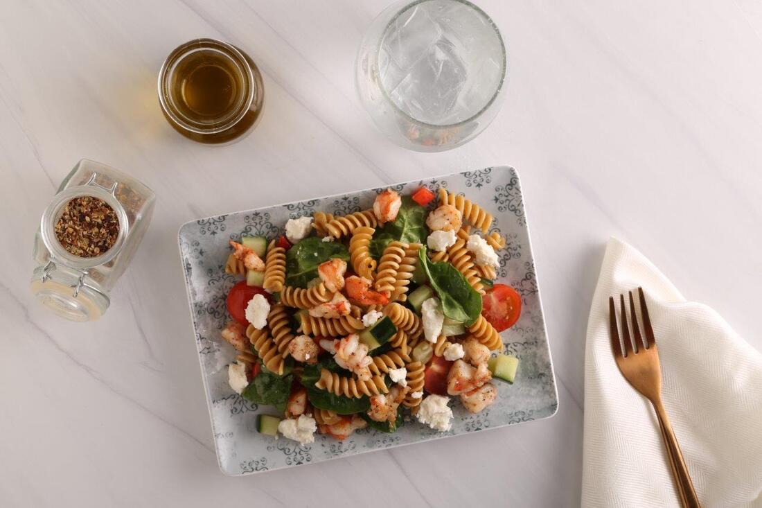 Whole grain rotini pasta salad  with shrimp and feta